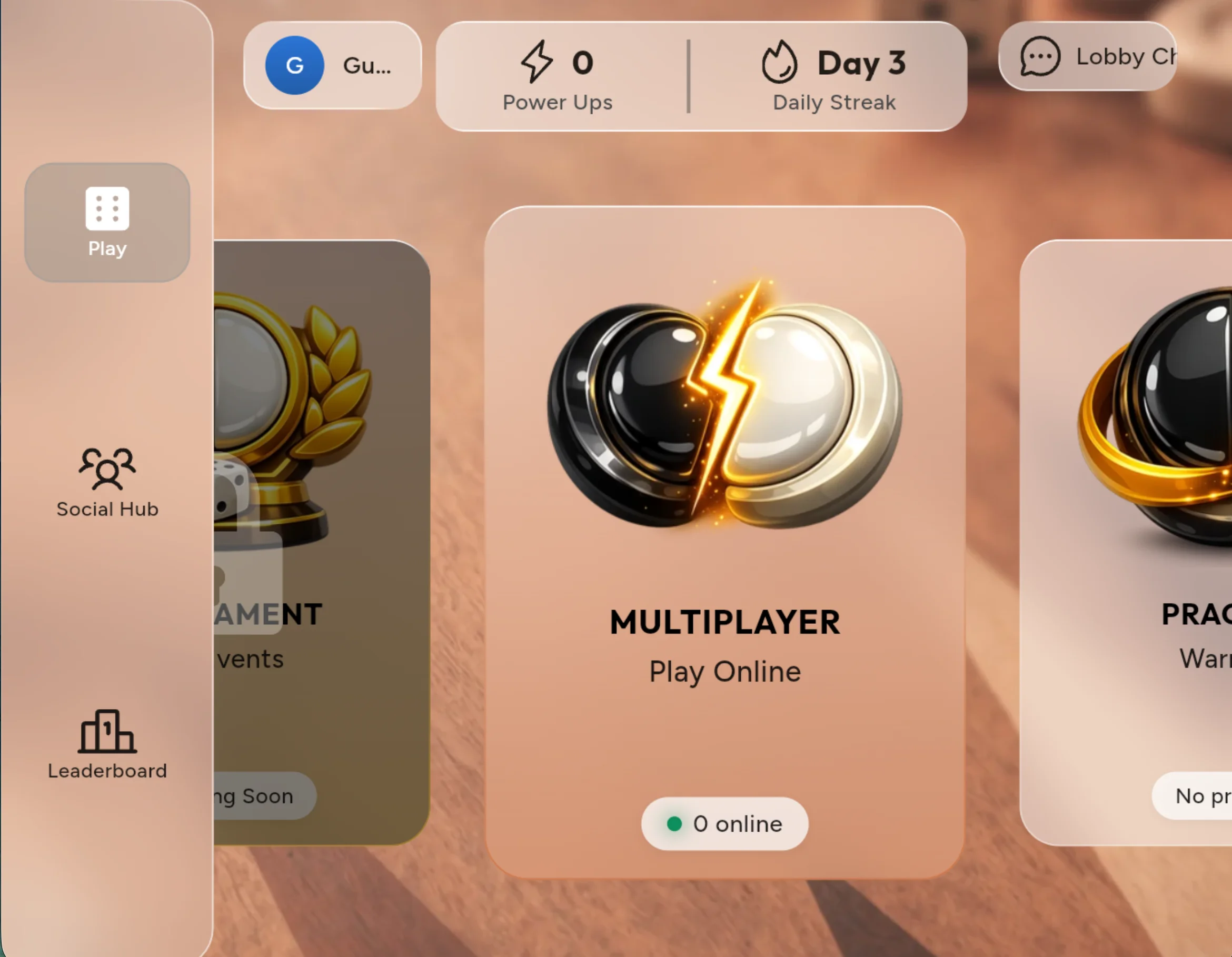 Table Online — Multiplayer, Tournament and Practice in the main interface